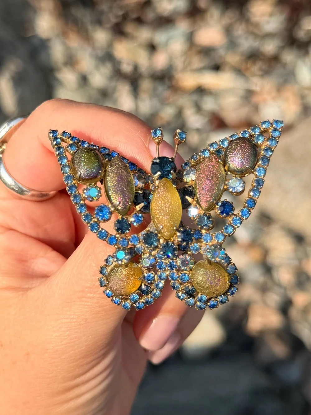 Vintage Blue Frosted Unique Crystal Butterfly Statement Brooch